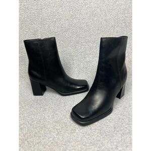 Apostrophe Black Leather Square Toe Ankle Boots 6M Block Heel 90s 70s Chic Glam